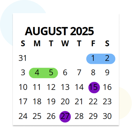 A school calendar for August 2025 with important dates highlighted in different colors.